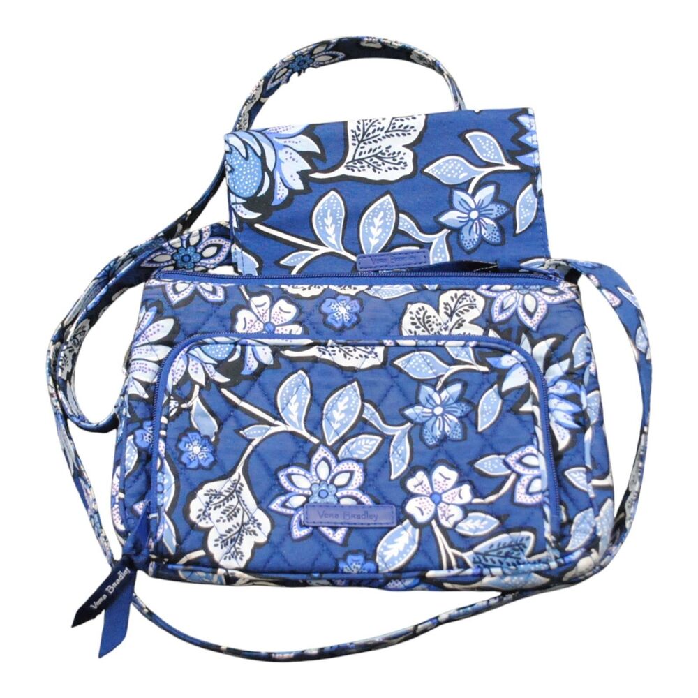 Vera Bradley Crossbody Blue Purse with Flowers and check book cover